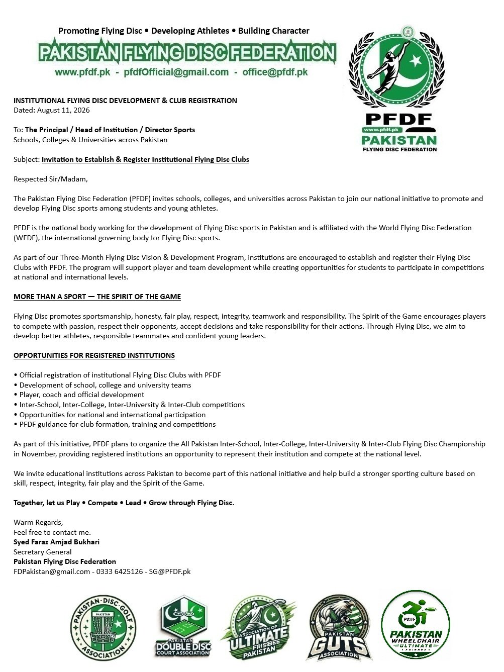 PFDF Institutional Flying Disc Development & Club Registration Initiative